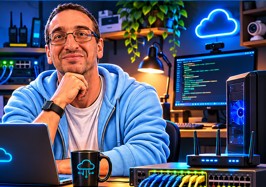 Illustrated Shawn in a baby-blue hoodie in a technology workspace with networking equipment, computers, scanners, and printers.
